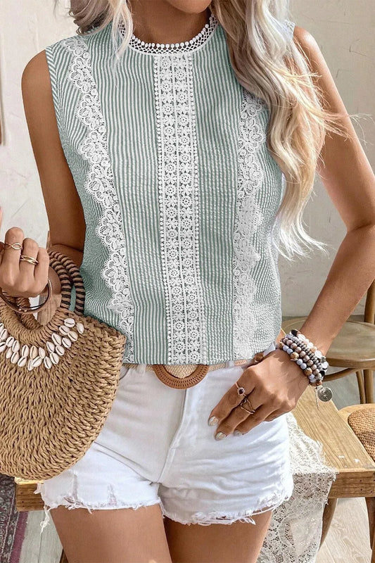 Striped Lace Trim Sleeveless Blouse Sage
