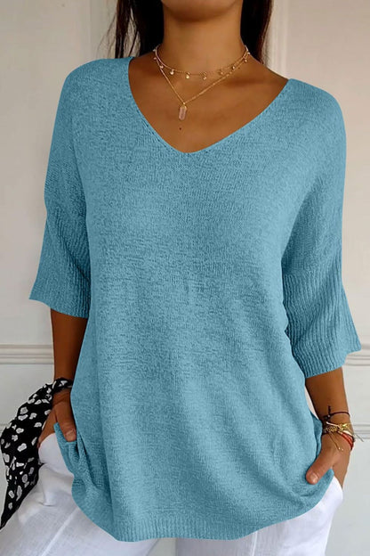 V-Neck Three-Quarter Sleeve Knit Top Pastel Blue One Size