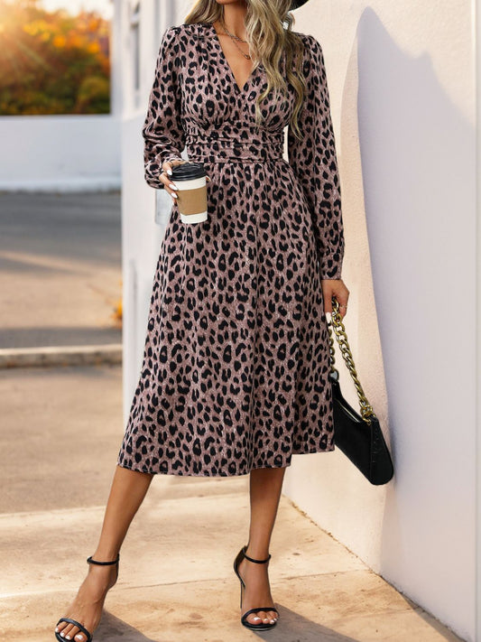 Perfee Leopard Surplice Long Sleeve Midi Dress Mauve