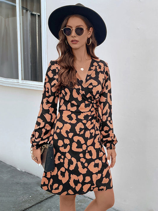 Perfee Printed Surplice Long Sleeve Dress Caramel