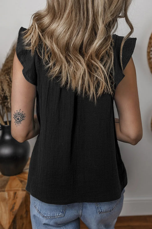 Ruffled Shoulder Notched Shift Tank Top
