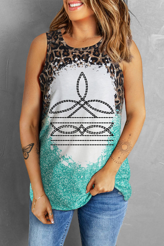 Leopard Geometric Round Neck Tank Turquoise