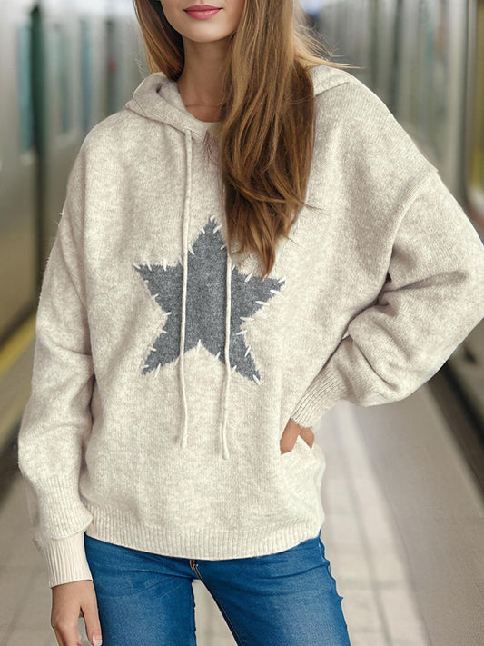 Drawstring Star Long Sleeve Hooded Sweater Beige One Size