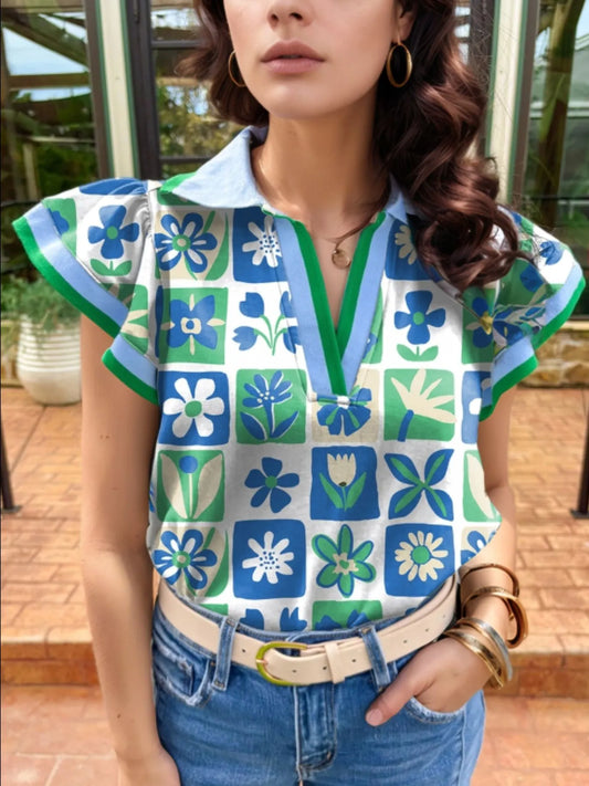 Floral Print Collared Blouse with Flutter Sleeves Turquoise