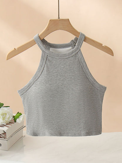 Ribbed Grecian Neck Cropped Tank with Chest Pads Gray