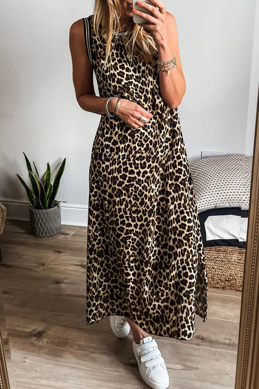 Side Slit Leopard Sleeveless Maxi Dress Leopard
