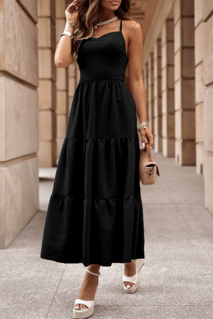 Tiered Crisscross Spaghetti Strap Dress Black