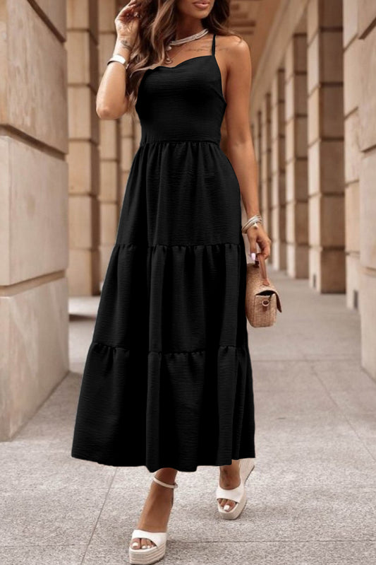 Tiered Crisscross Spaghetti Strap Dress Black