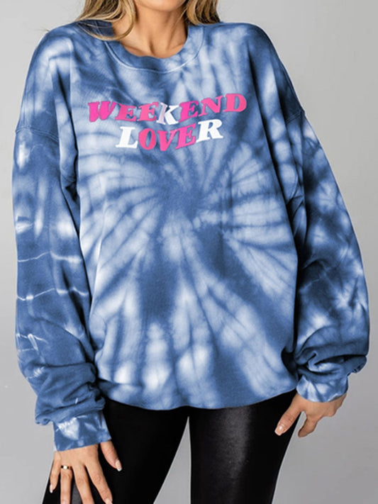 WEEKEND LOVER Graphic Tie-Dye Sweatshirt Dusty Blue