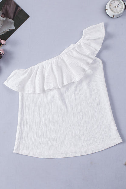 Ruffled One-Shoulder Tank White