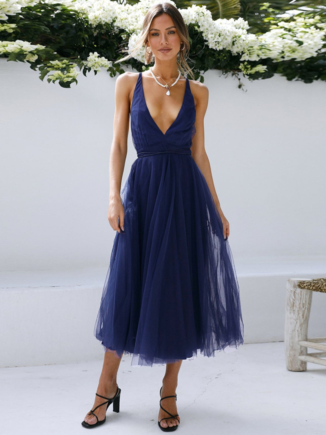 Backless Crisscross Sleeveless Midi Dress Navy