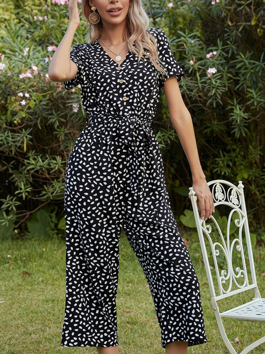 Ivy Lane Printed V-Neck Short Sleeve Jumpsuit Black