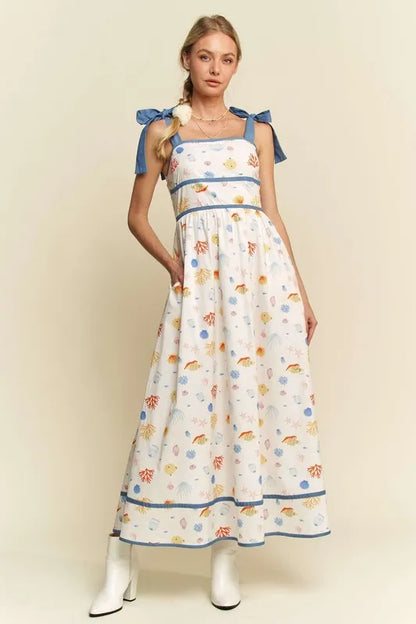 Davi & Dani Denim Binding Detail Smocking Summer Maxi Dress Denim Combo