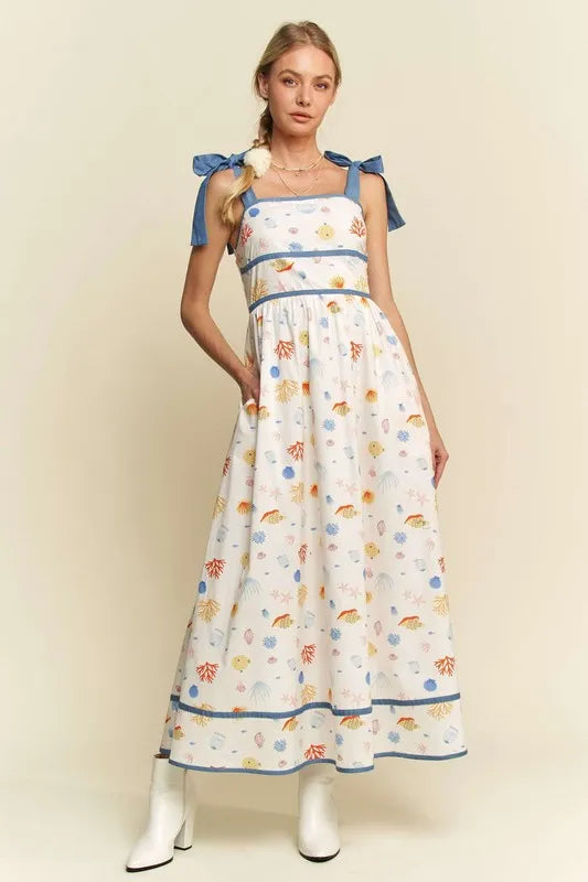 Davi & Dani Denim Binding Detail Smocking Summer Maxi Dress Denim Combo