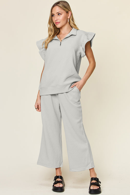 Double Take Texture Ruffle Short Sleeve Top and Drawstring Wide Leg Pants Set Light Gray