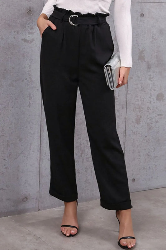 Belted Paperbag Waist Pants Black