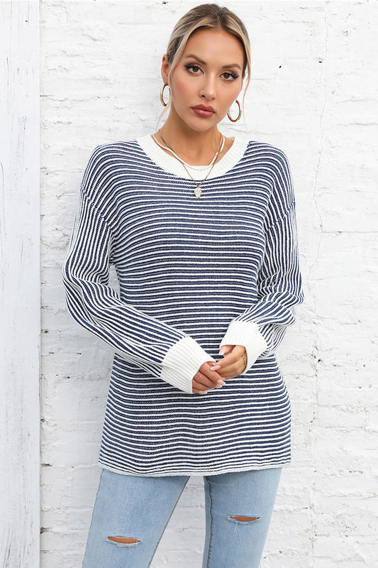 Angel Wings Striped Round Neck Long Sleeve Knit Top Dusty Blue