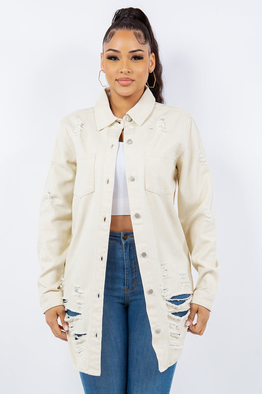 American Bazi Distressed Button Up Long Sleeve Denim Jacket Ivory