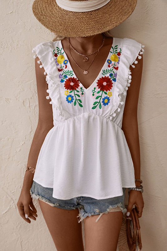 Perfee Embroidered Pom-Pom Trim Cap Sleeve Babydoll Top White