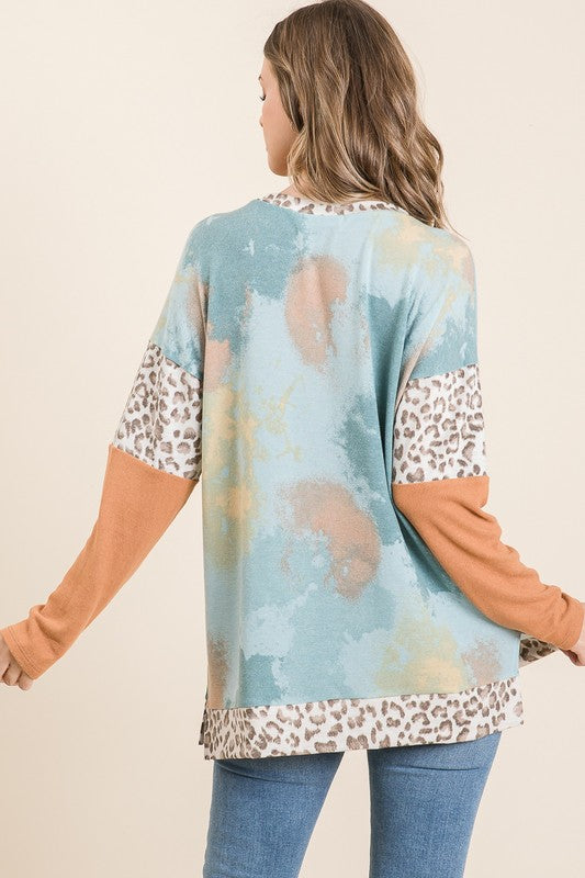 BiBi Tie-Dye Leopard Terry Round Neck Long Sleeve T-Shirt