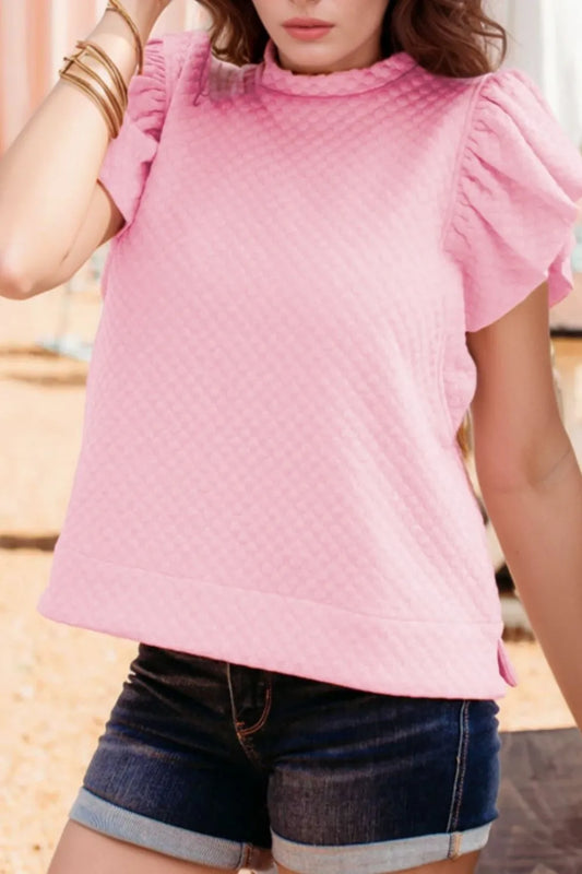 Textured Ruffle Cap Sleeve Top Pink
