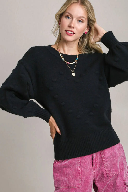 Umgee Full Size Pom Pom Knit Heart Front Round Neck Sweater Plus Size Black