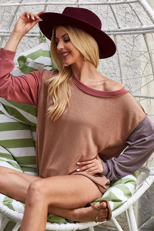 BiBi Exposed Seam Color Block Round Neck French Terry Top MOCHA MAUVE CHRACOAL