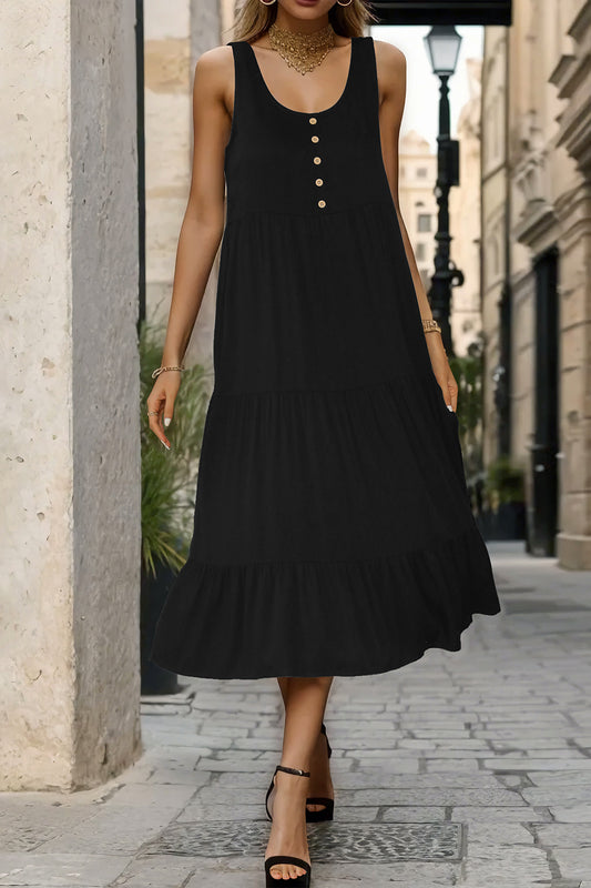 Perfee Decorative Button Tiered Tank Dress Black