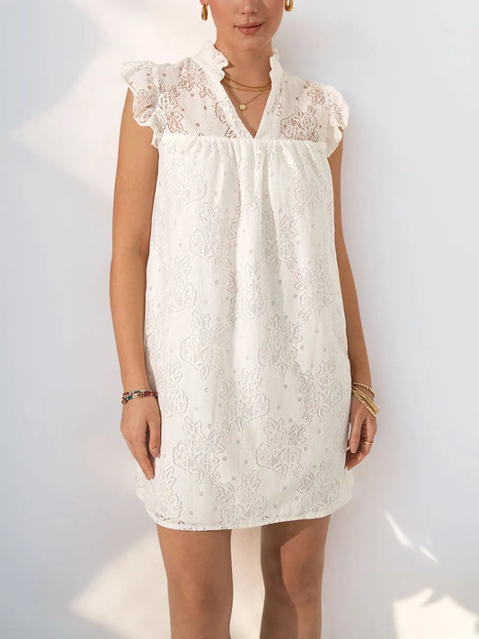 Lace Notched Cap Sleeve Mini Dress White