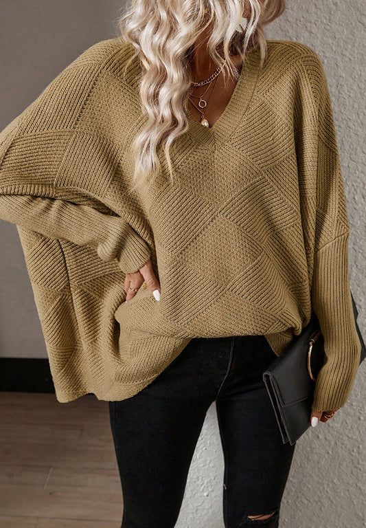 V-Neck Batwing Sleeve Sweater Camel