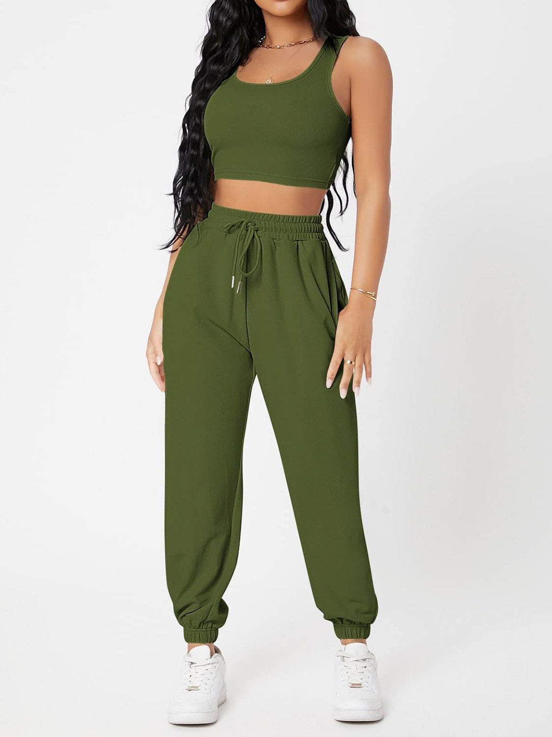 Wide Strap Top and Drawstring Joggers Set Matcha Green