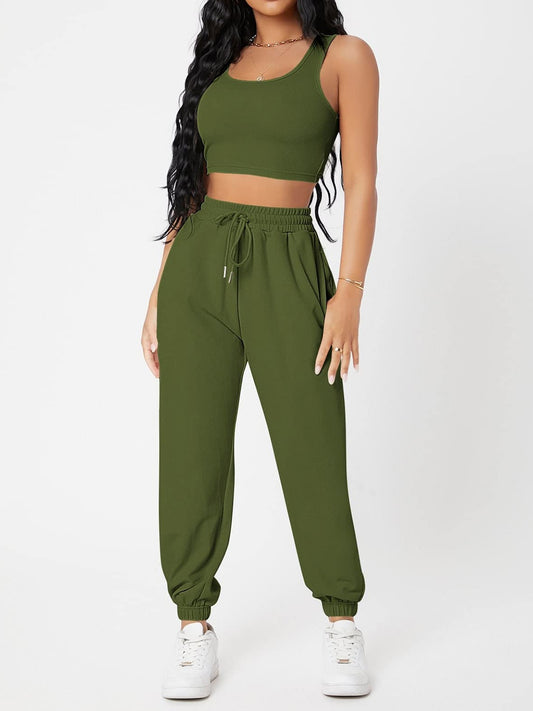 Wide Strap Top and Drawstring Joggers Set Matcha Green