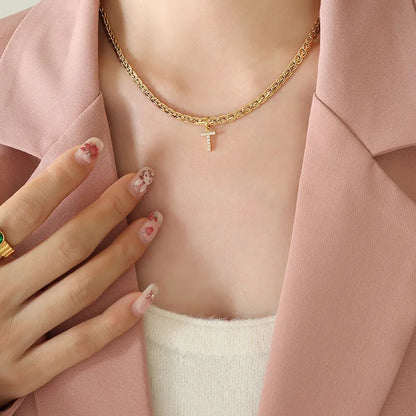 Brass Inlaid Zircon Letter Pendant Necklace Style T One Size