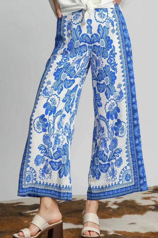 Umgee Full Size Floral Border Print Pants Plus Size Blue