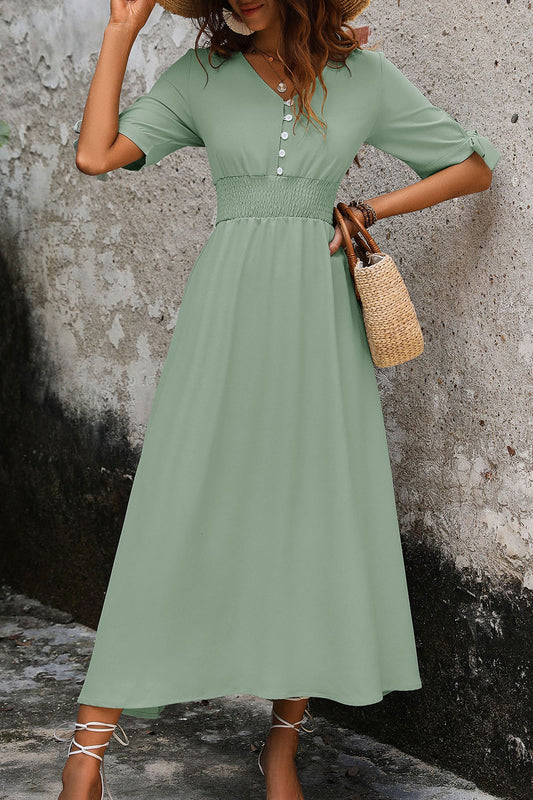 Perfee Smocked Quarter Button Short Sleeve Dress Light Green
