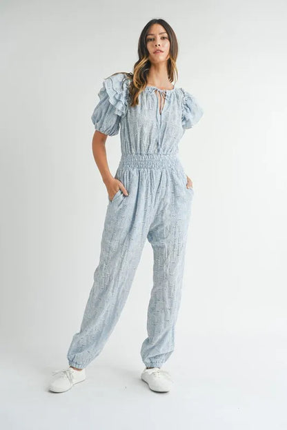 MABLE Eyelet Lace Ruffle Shoulder Jumpsuit