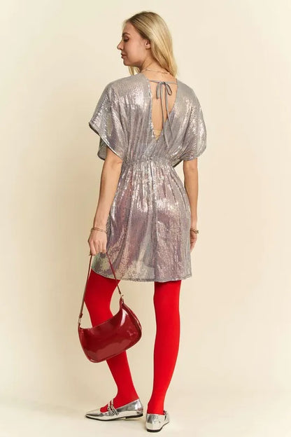 Davi & Dani Sequin Plunge Neck Knot Cut Out Tie Back Party Dress
