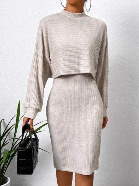 Mock Neck Long Sleeve Top and Wide Strap Dress Set Dust Storm