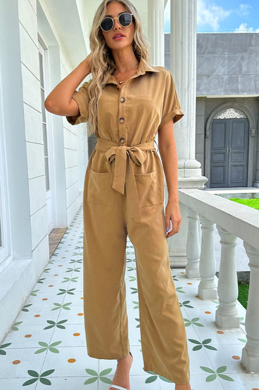 Shiny Tie Belt Buttoned Short Sleeve Collared Neck Jumpsuit Mustard