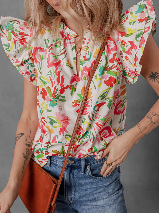Multicolour Floral Printed Cap Sleeve Split Neck Blouse