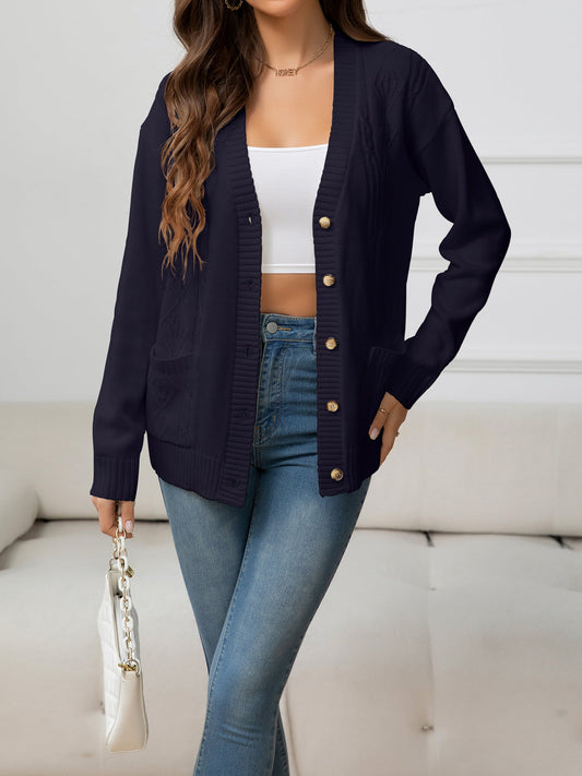 V-Neck Long Sleeve Buttoned Knit Top with Pocket Navy