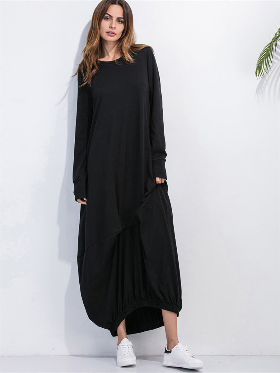 Full Size Round Neck Long Sleeve Sweatshirt Dress Black