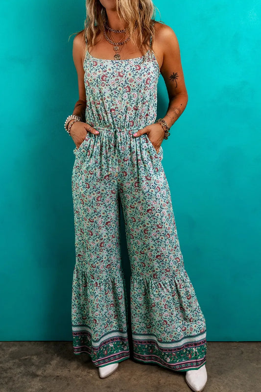 Bohemian Floral Ruffle Bottom Spaghetti Strap Jumpsuit Teal