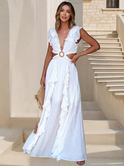 Cutout Ruffled Cap Sleeve Maxi Dress