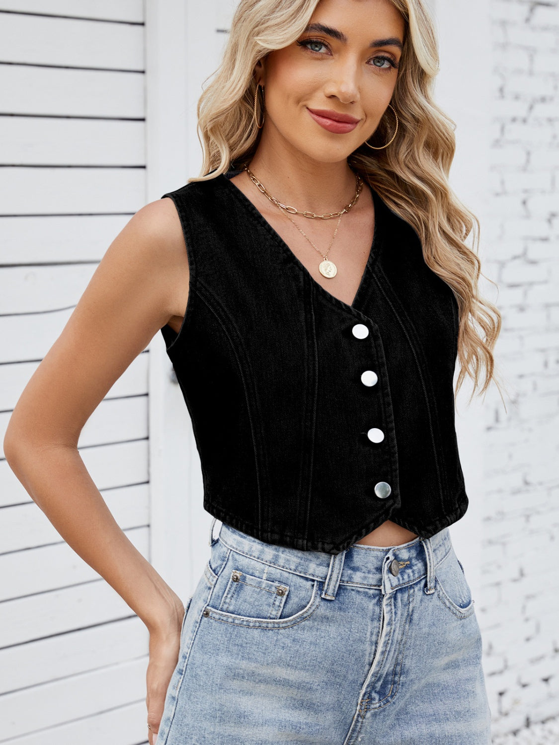 V-Neck Button Down Denim Vest Black