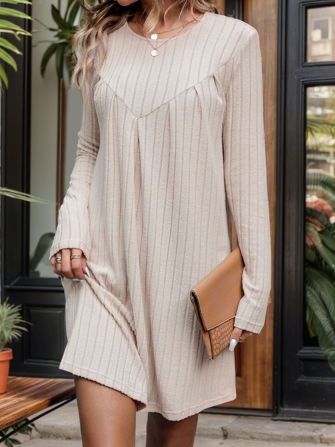 Perfee Round Neck Long Sleeve Mini Dress Cream