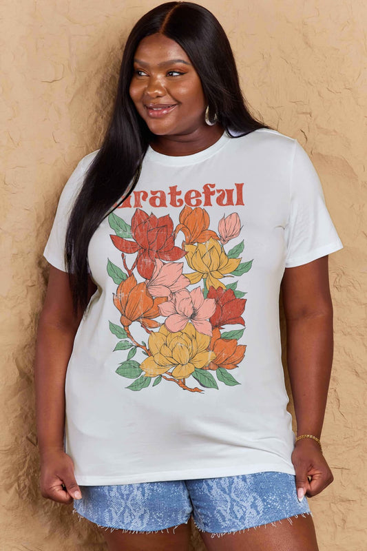 Simply Love Full Size GRATEFUL Flower Graphic Cotton T-Shirt White