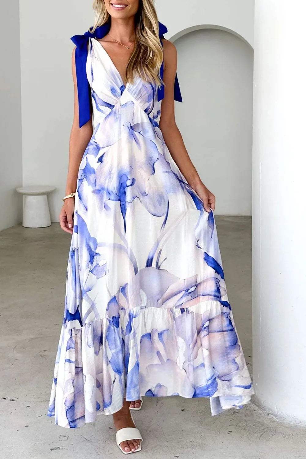 Printed V-Neck Tie Shoulder Midi Cami Dress Blue