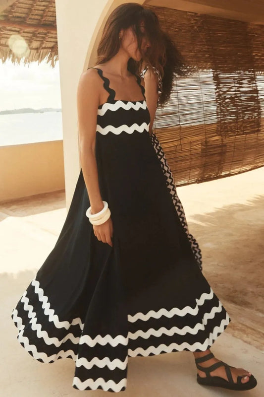 Contrast Trim Square Neck Wide Strap Dress Black