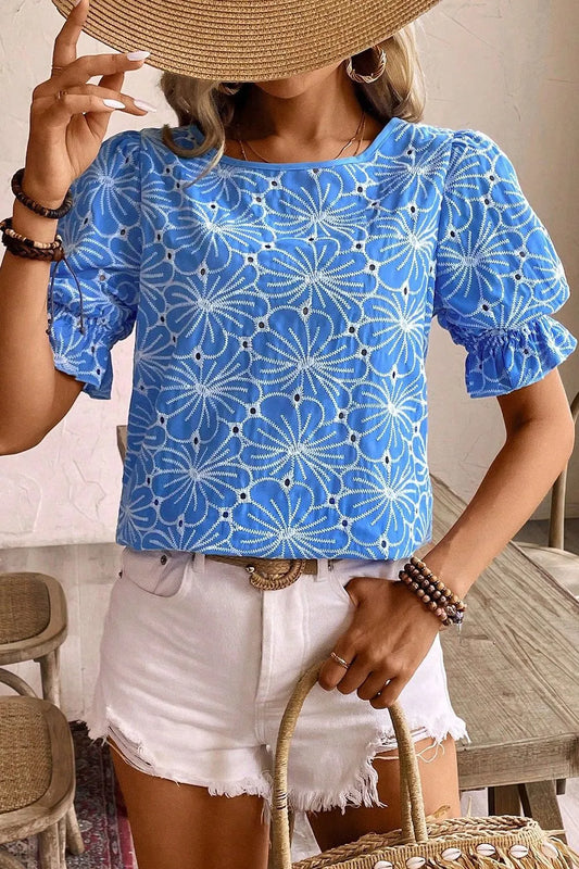 Eyelet Flower Embroidery Flounce Sleeve Blouse Blue